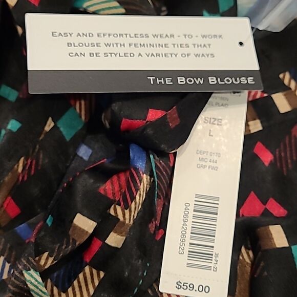 NWT Investments Black with Colorful Print  Bow Blouse Long Sleeve Button Down - Picture 12 of 12